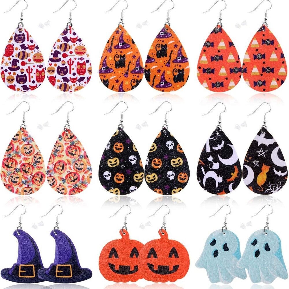 9 Pairs Halloween Faux Leather Earrings for Women Lightweight Leaf Long Dangle E